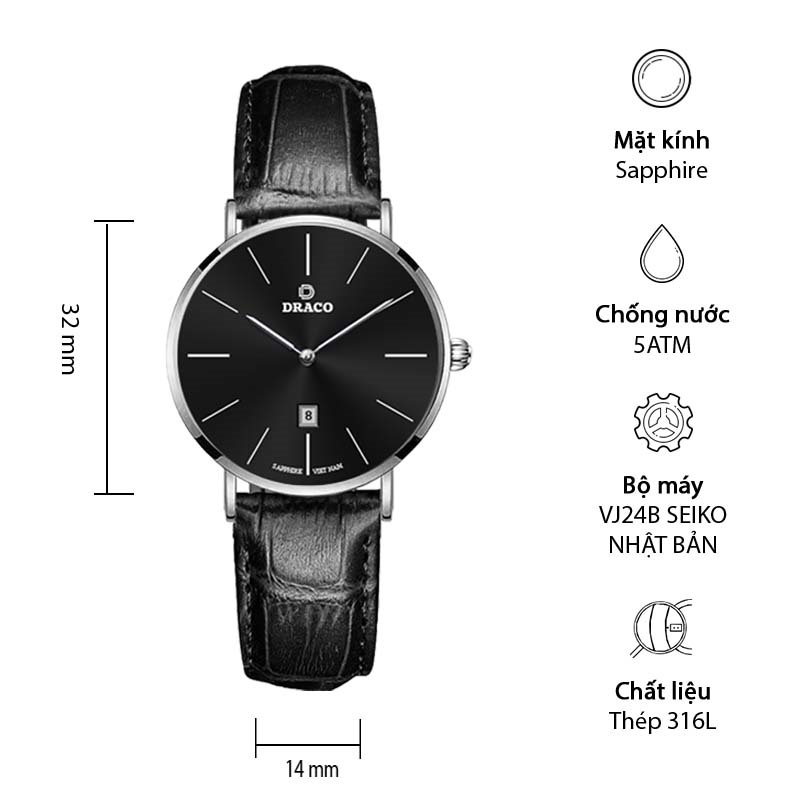 Đồng hồ nữ Draco D22-STN02 &quot;Classic Girl&quot; đen kết hợp chất liệu dây da bò màu đen - phụ kiện thời trang nữ nhẹ nhàng