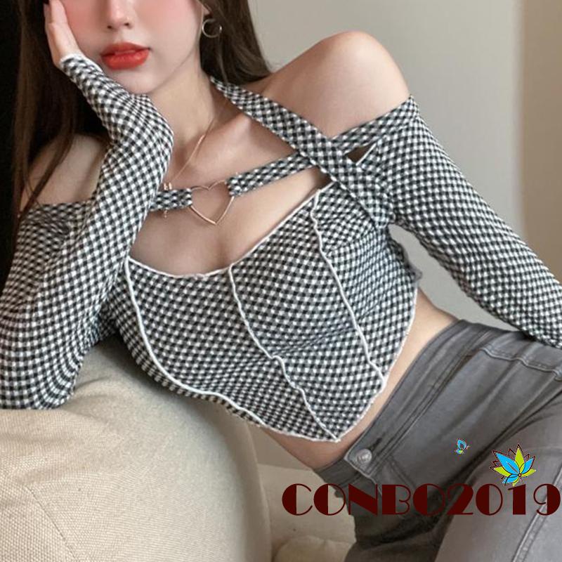 Áo croptop trễ vai dài tay họa tiết ca rô quyến rũ dành cho nữ