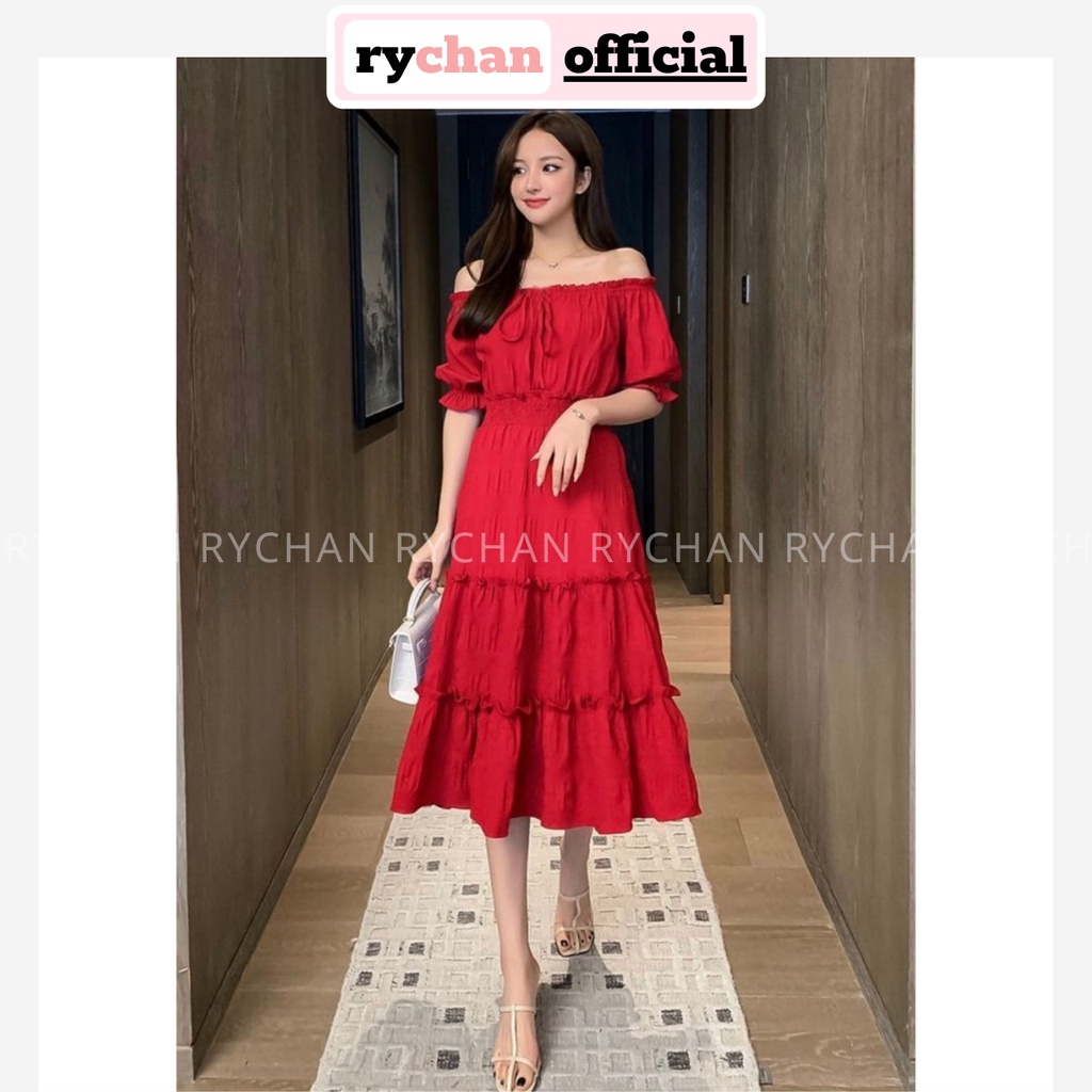 Đầm Xòe Đi Biển Midi Đỏ Trễ Vai Thắt Nơ Ngực - DX0082