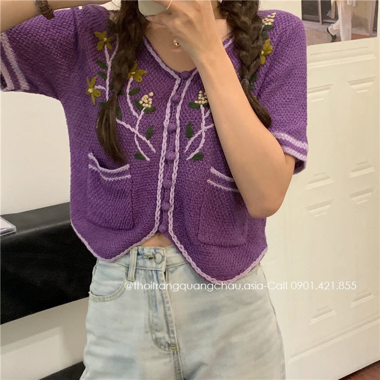 (Hàng Nhập) Áo Croptop Len Siêu Thông Thoáng Thêu Hoa &quot;Style Hàn Quốc&quot; OLOME1