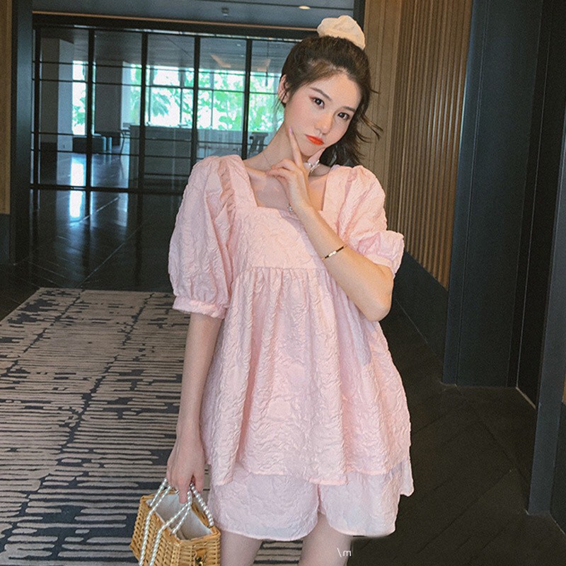 SET BỘ Bầu Babydoll đũi nhăn (cả quần ) hồng baby cho mẹ bầu( 43~70kg) xmay MjnHa