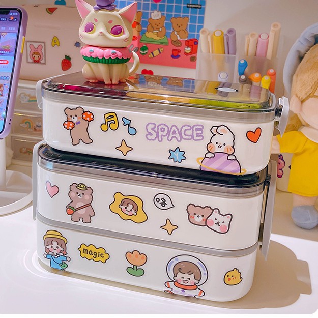 HỘP CƠM VĂN PHÒNG 2 tầng có đũa và thìa giữ nhiệt TẶNG KÈM sticker siêu cute 💕🍱