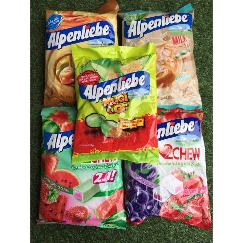 Kẹo Alpenliebe hồng trà +2chew hương dâu &amp; dưa hấu+kẹo béo+muối ớt