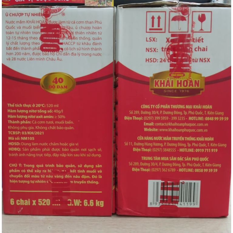 Nước mắm Phú Quốc Khải Hoàn 40 độ đạm chai thủy tinh 520ml, hàng chính hãng date 2024