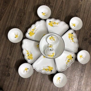 Set đĩa mặt trời Vẽ Hoa Mai Vàng + Tặng 6 bát cơm