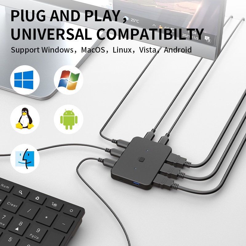 Acasis usb hdmi kvm switch 2 in 1 out 4k60hz hdmi switcher and extended usb3.0 hub manual sharing box with usb cables hdmi 2.0 cho máy tính pc laptop màn hình máy tính để bàn