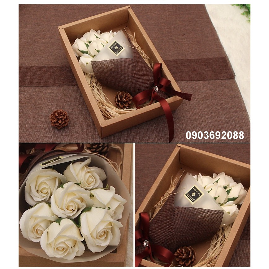 Quà tặng valentine [HCM] Hộp quà carton + bó hoa hồng sáp 7 bông