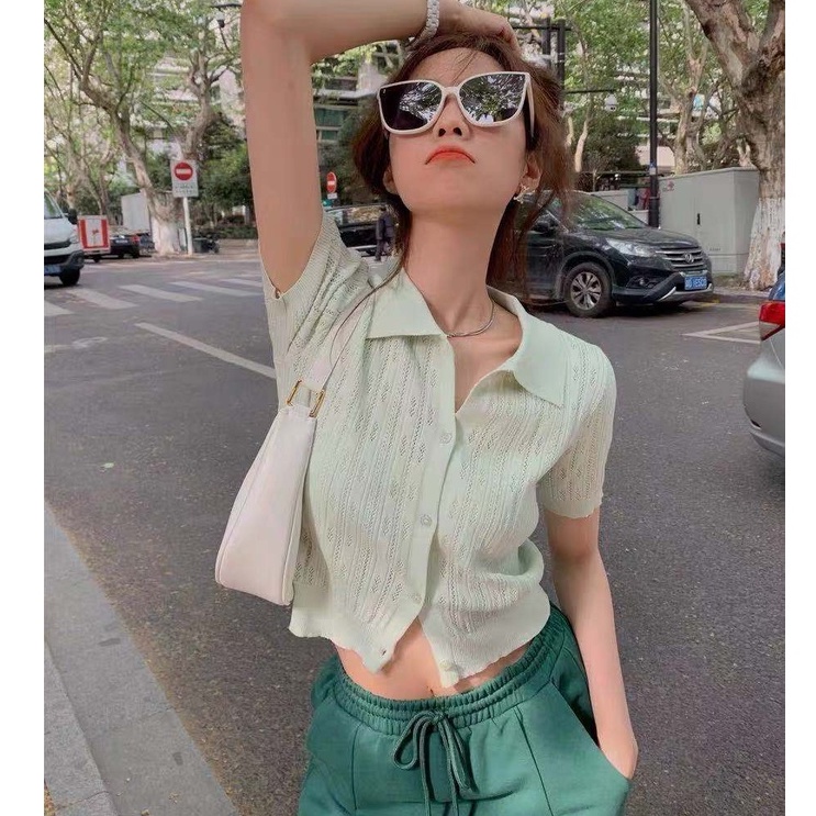 Áo Croptop Dệt Kim Màu Sắc Đơn Giản Phong Cách Hàn Quốc Cho Nữ