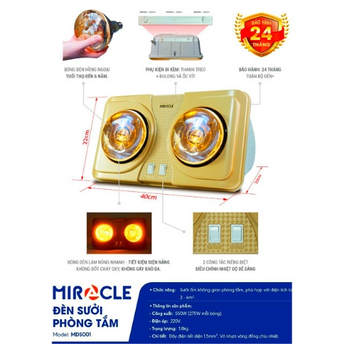Đèn sưởi nhà tắm MIROCLE - MDS001 ( 2 bóng 550W ) tiết kiệm điện,không khô da ( bảo hành 24 tháng )