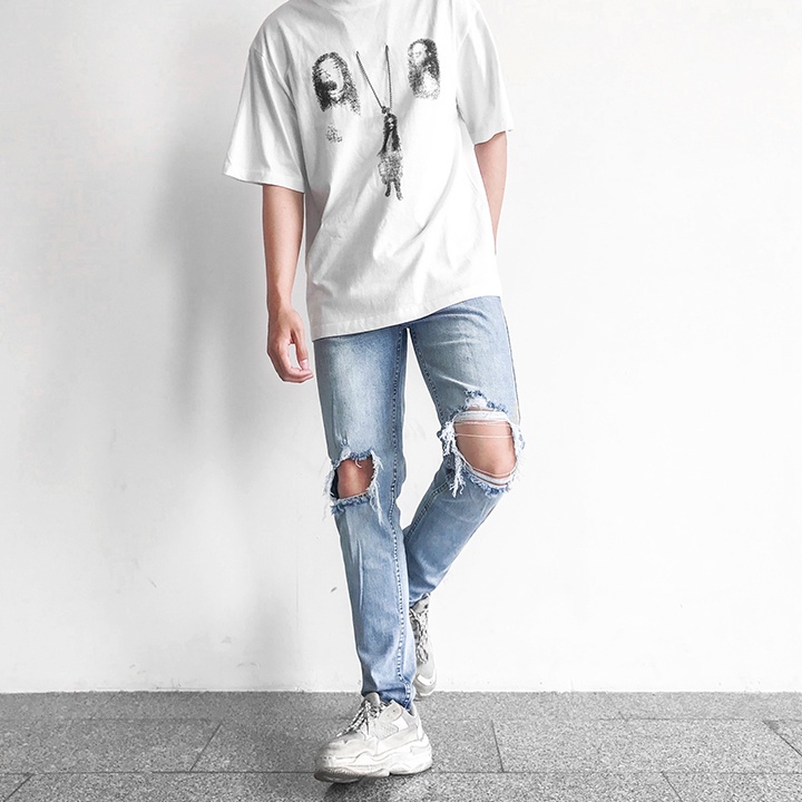 Quần Jeans Nam Xanh Rách Gối Rách To Jean Co Giãn | BigBuy360 - bigbuy360.vn