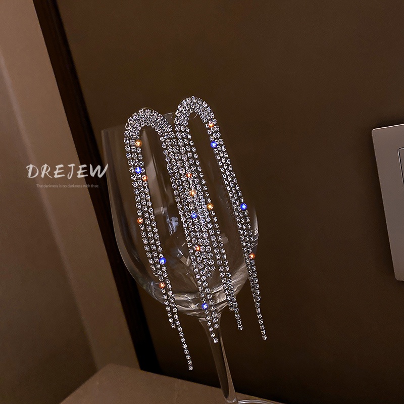 DREJEW Khuyên tai bạc 925 dáng dài phối tua rua đính đá phong cách Hàn Quốc thời trang