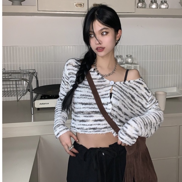 QKOOLE Áo Croptop Tay Dài Cổ Chữ V Kẻ Sọc Thời Trang Hàn Quốc Cho Nữ áo khoác