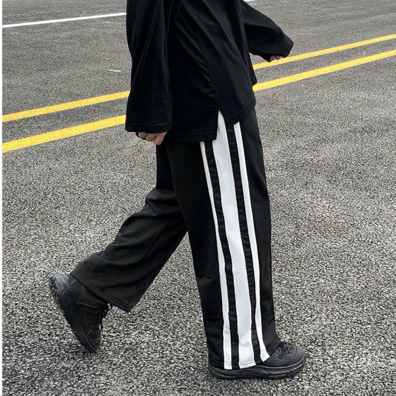 Quần dài ống rộng kẻ sọc phong cách Hàn Quốc thể thao quần nam ống suông trắng thời trang quần dài sọc retro cho nam nữ