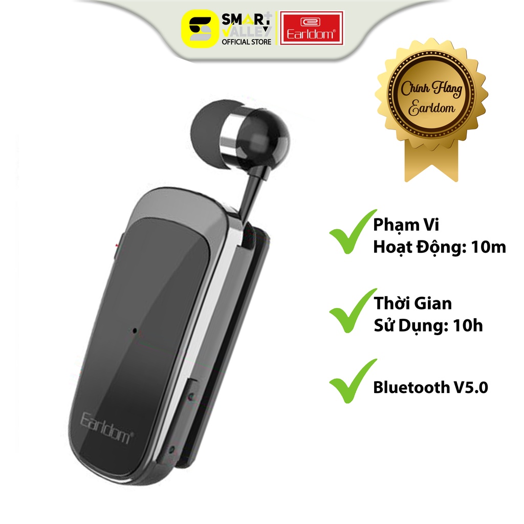 Tai nghe Bluetooth cài áo Earldom BH104 - Dung lượng pin lên tới 70mAh - Khoảng cách kết nối 10m - Bluetooth V5.0