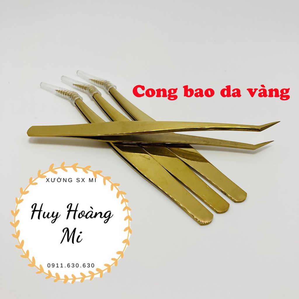 Nhíp cong 45 độ Vàng Nhám_ nhíp cong bao da mới (VÀNG)_dụng cụ mi_Huy Hoàng Mi