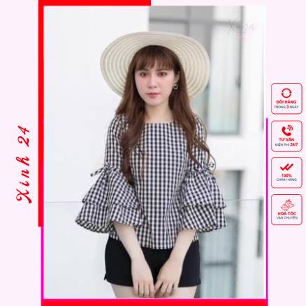 Áo sơ mi nữ, áo kiểu nữ sọc caro tay loe phong cách Hàn Quốc, hàng thiết kế chuẩn Form | BigBuy360 - bigbuy360.vn