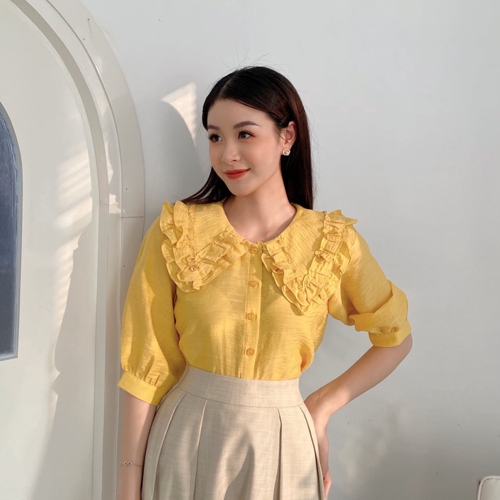Áo sơ mi tay lỡ FANSIX - A20 sơ mi công sở phối cổ bèo nữ tính, chất vải lụa tơ mềm mại | BigBuy360 - bigbuy360.vn