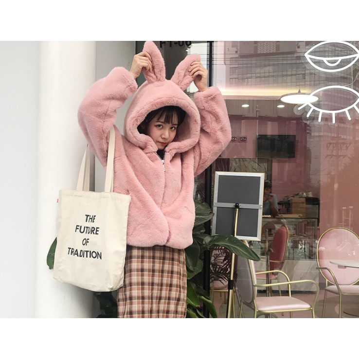 Áo Khoác Lông Nữ Mũ Tai Thỏ Đáng Yêu Ấm Áp Dễ Thương | BigBuy360 - bigbuy360.vn