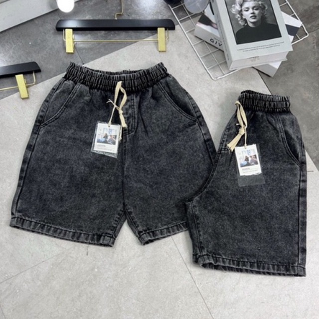 Quần short jean Uniex nam nữ ống rộng cạp chun kiểu wash