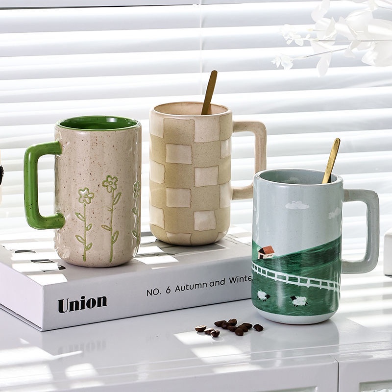 Cốc Uống Nước Bằng Sứ Cao Cấp Kèm Muỗng Phong Cách Bắc Âu