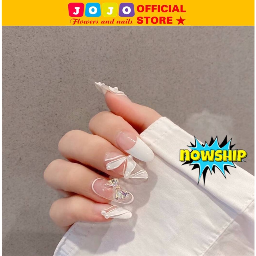 Bộ 24 móng tay giả thiết kế hồng kẻ trắng đính nơ Jojo Z136 móng giả nailbox rẻ đẹp tự làm tại nhà