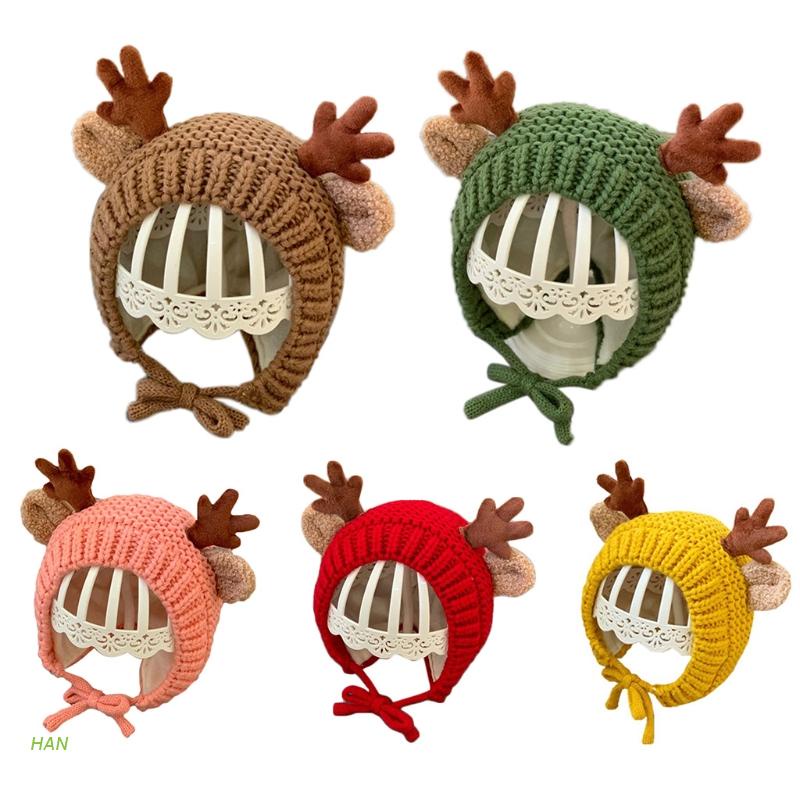 Mũ beanie giữ ấm tai chống gió kèm dây đeo hình tuần lộc dễ thương cho bé sơ sinh