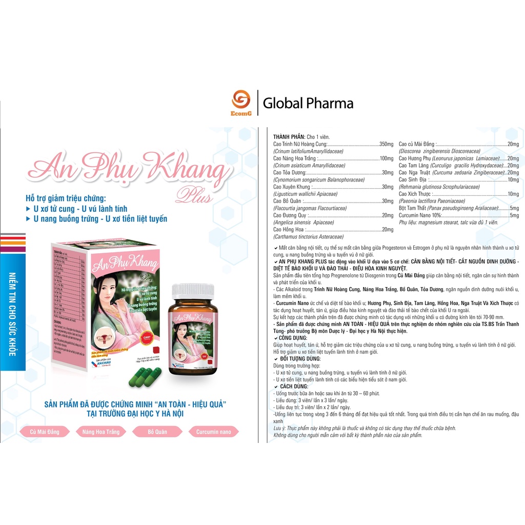 An Phụ Khang Plus An Châu hỗ trợ giảm triệu chứng u xơ tử cung, u nang buồn trứng - Lọ 60 viên AC001- Global Pharma