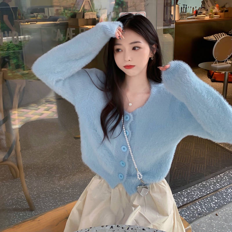 🌻 áo croptop tay dài áo cadigan  áo len kiểu nữ  Áo Khoác Len Cardigan Mềm Dáng Rộng Ngắn Màu Hồng Thời Trang Thu Đông 2021