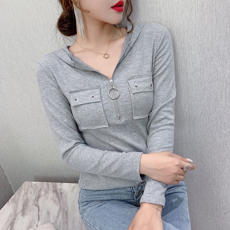 Áo thun có nón tay dài cổ chữ V có khóa kéo 95% cotton thời trang mùa xuân quyến rũ cho nữ 2021