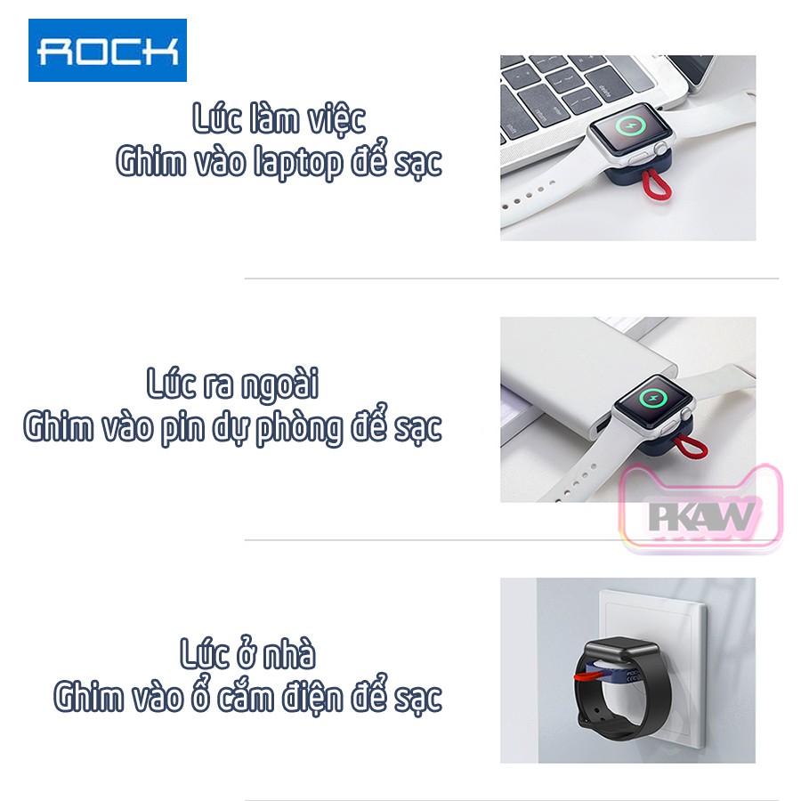 Đế Sạc Không Dây Rock W26 cho Apple Watch 38/40/42/44mm Series 1/2/3/4/5/6/Se - cổng USB-A - Trắng, Xanh.