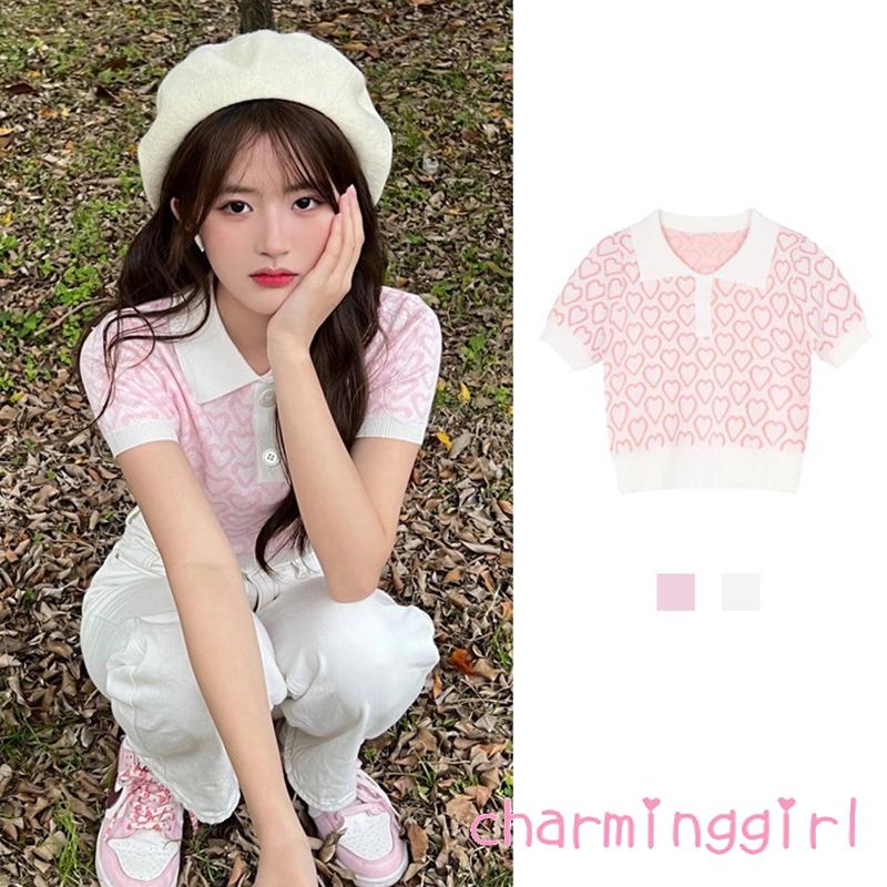 Áo Croptop Dệt Kim Tay Ngắn 1 / 3 Nút In Họa Tiết Trái Tim Đơn Giản Thời Trang Mùa Hè Cho Nữ