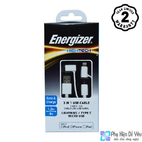 Cáp 3 trong 1 Lightning, Micro USB và USB-C Energizer 1m