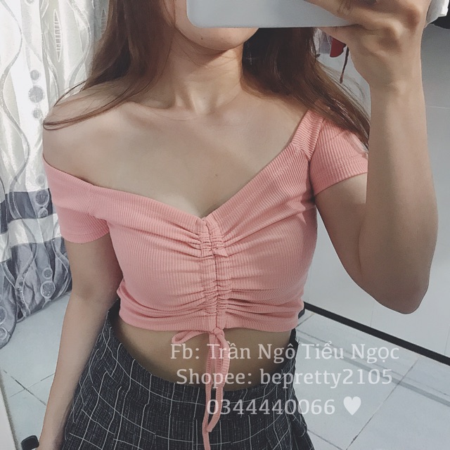 Áo croptop bẹt vai dây rút tay ngắn | BigBuy360 - bigbuy360.vn