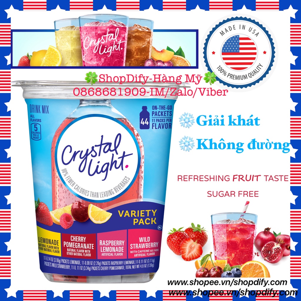 Crystal Light Hộp 44 gói 4 vị Bột pha nước trái cây không đường giải khát DAS / LOWCARB Drink Mix hàng Mỹ ShopDify