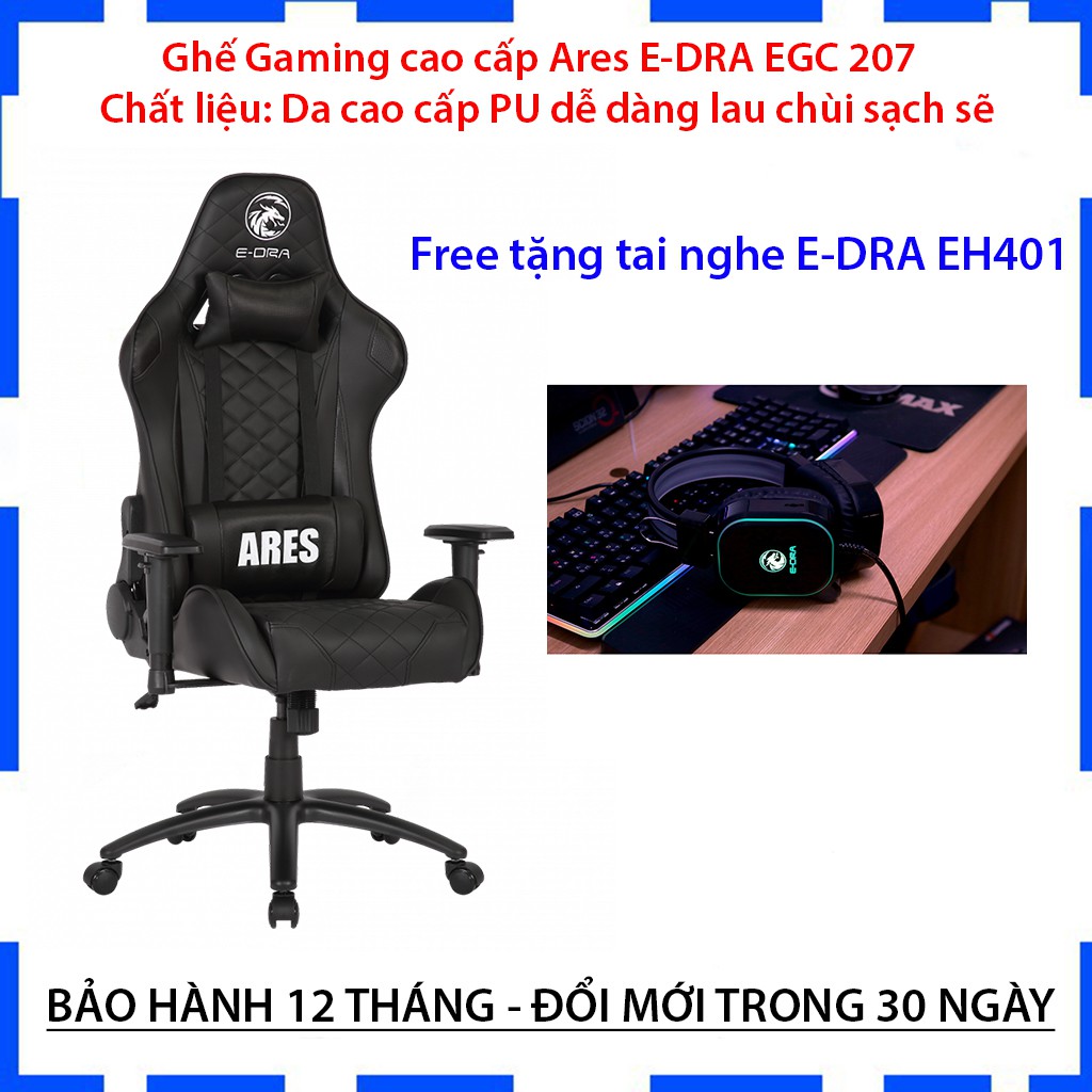 [Mã EDRA207 giảm 260]Ghế Gaming Ares E-DRA EGC 207 - Ghế Gaming cao cấp - Màu Đen, trắng, đỏ - Chất liệu: Da PU dễ dàng