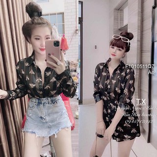 Áo sơ mi voan mỏng họa tiết ong tay dài!