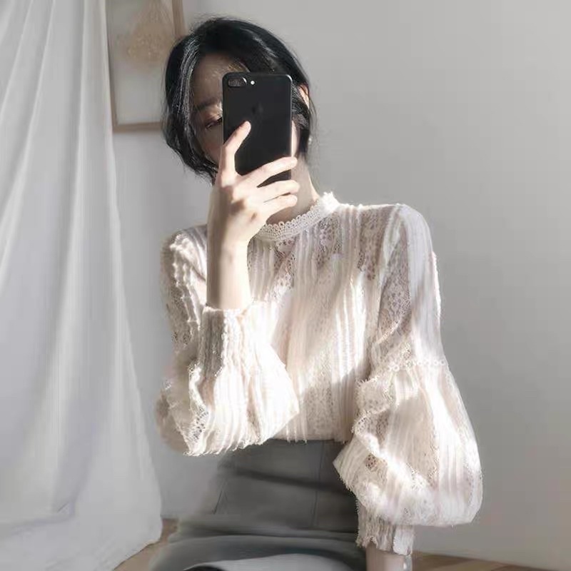 Áo ren dài tay 2 lớp - Áo sơ mi nữ dài tay Quảng Châu hàng đẹp