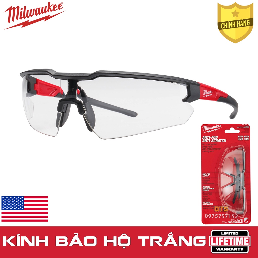 Kính bảo hộ trắng Milwaukee Mỹ kính chống bụi, chống hơi nước trầy xước vượt trội, ngăn chặn tia UV, mắt kính đi xe