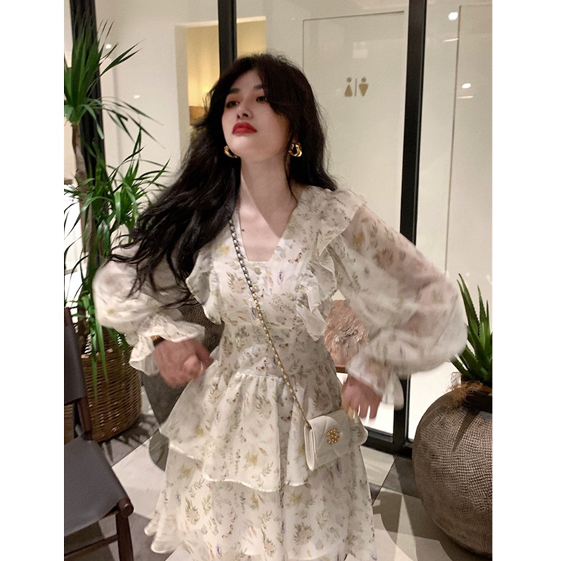 Đầm cổ vuông nhỏ bèo nhún tay ngắn bo chun bồng họa tiết hoa nhẹ nhàng tinh tế váy ngắn xếp tầng dáng xòe nữ tính