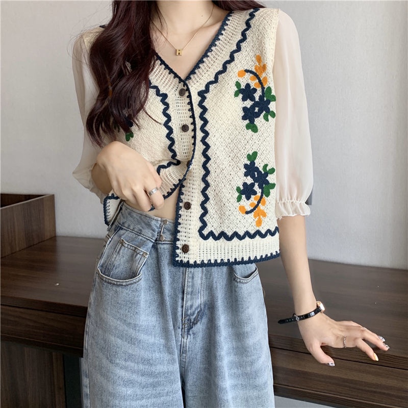 Áo Sơ Mi Ngắn Tay Thêu Họa Tiết Xinh Xắn 165301 Áo Sơ Mi Cổ Chữ v Dáng Rộng Phong Cách Thời Trang Retro