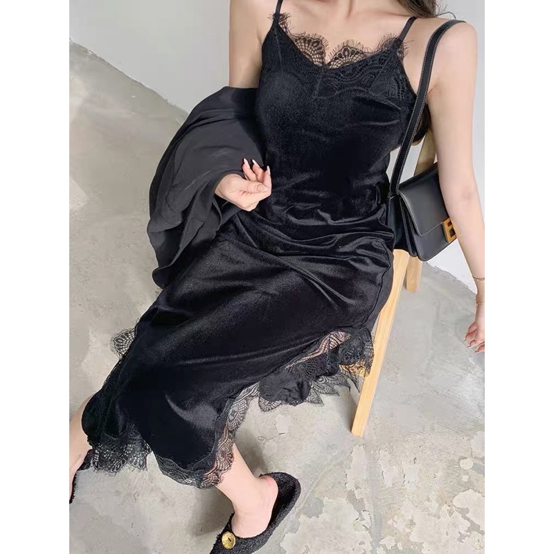 SẴN🖤Đầm dự tiệc 2 dây nhung pha ren sang chảnh quyến rũ sexy|Đầm suông maxi xẻ tà ren basic ôm body dáng dài | BigBuy360 - bigbuy360.vn