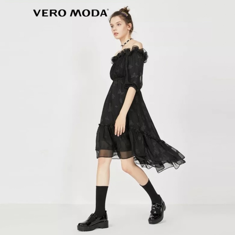 Váy đầm voan thêu đen trễ vai eo co giãn - Vero Moda sành điệu