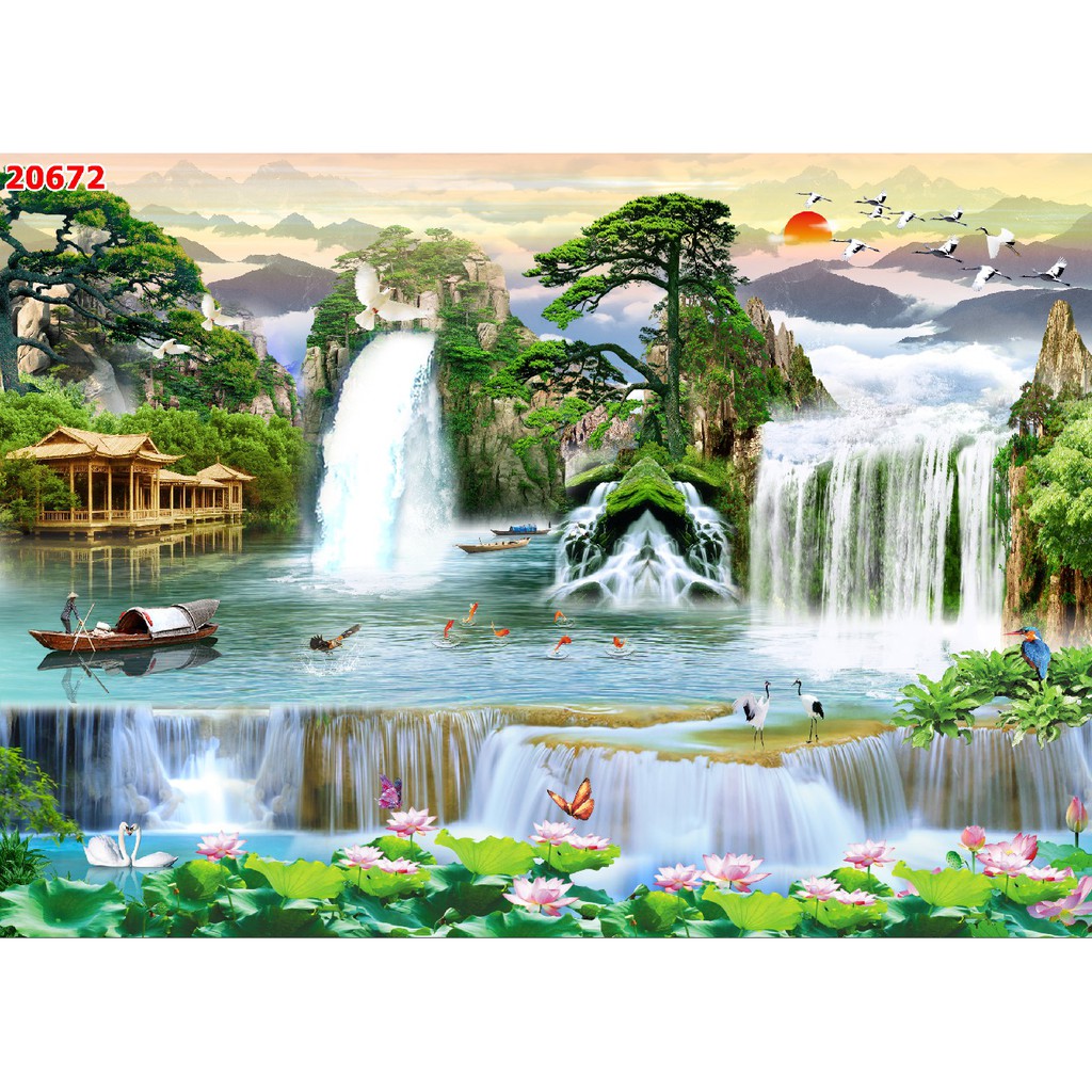 Tranh dán tường 3d sơn thủy hữu tình trang trí nhà cửa phòng khách giá rẻ đẹp chất liệu decal pp keo sẵn bóc dán atk10