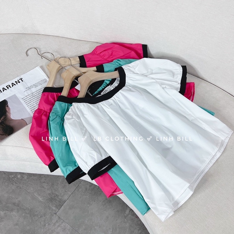 Áo thô viền dáng suông babydoll đẹp, Áo kiểu tay bồng cổ tròn viền AK1382 - NhiNhi Shop