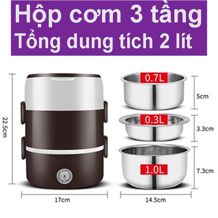 Hộp cơm cắm điện 3 tầng hâm nóng thức ăn  và nấu cơm tiện lợi, hộp cơm văn phòng cắm điện ruột inox 304 cao cấp