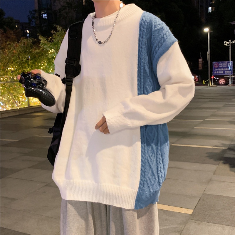 Áo sweater tay dài cổ tròn dáng rộng màu sắc tương phản phong cách Hàn Quốc cho nam size M-2XL