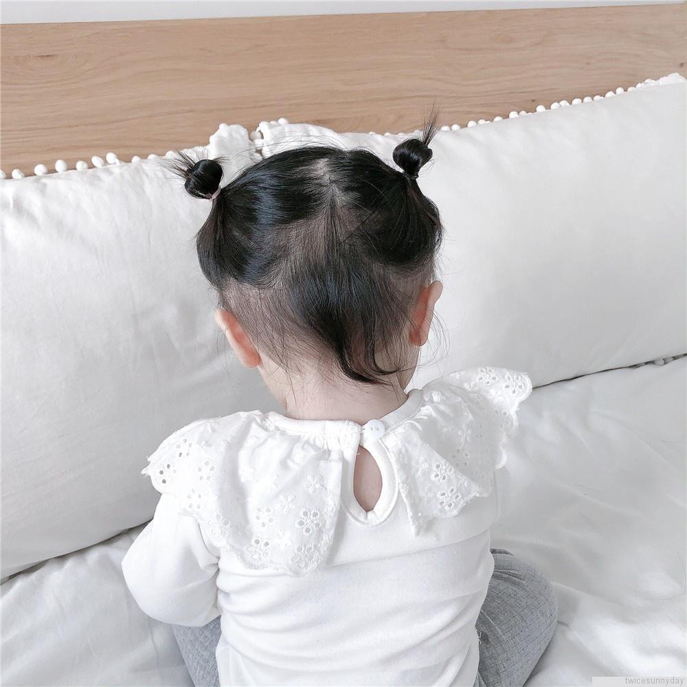 Áo thun cotton tay dài phối ren màu trơn kiểu công chúa dễ thương cho bé gái