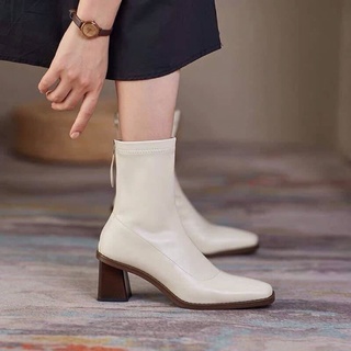 Bốt cổ thấp da lì gót trụ kéo khoá sau 5cm mũi vuông công sở