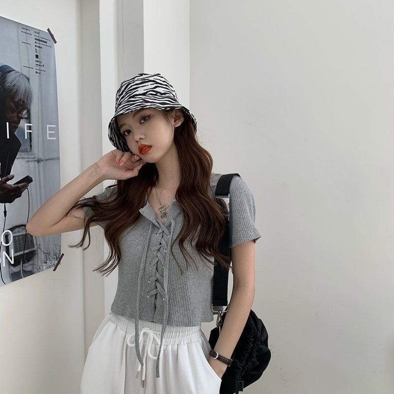 QADCOL  Áo Croptop Tay Ngắn Cổ Vuông Kiểu Retro Hàn Quốc Thiết Kế Quyến Rũ Cho Nữ