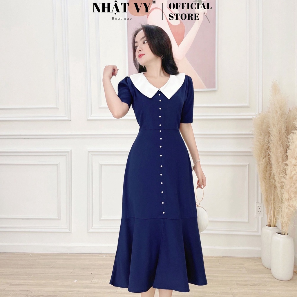 Váy Đi Chơi NHẬT VY Cổ V Tay Ngắn Đính Cúc Dáng Ôm Phối Đuôi Cá Chất Cotton Màu Xanh Đen - D2363